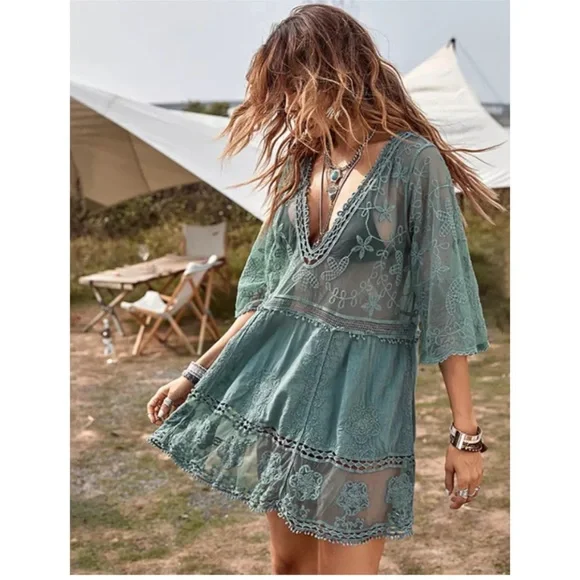 New Bohemian V Neck Crochet Mesh Dress - Picture 1 of 5